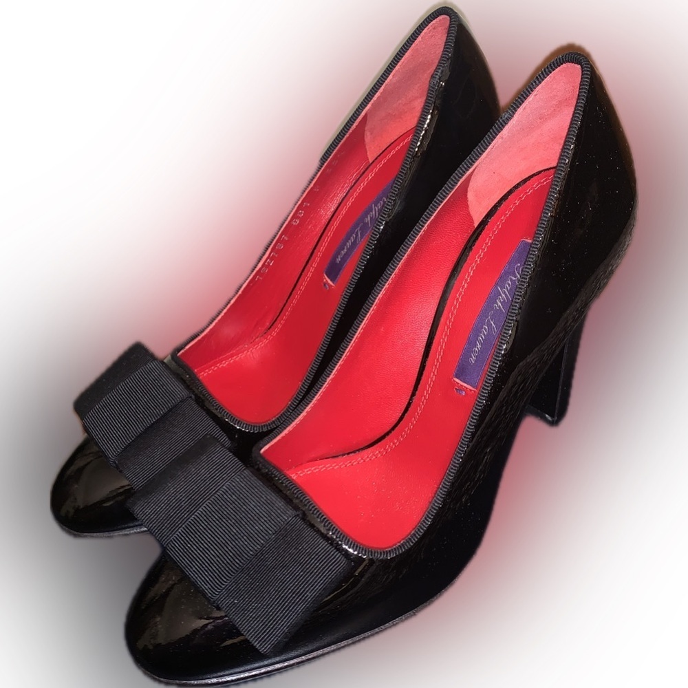 Ralph Lauren Purple Label Mallorie Black Patent Leather Bow Pumps Heels 35.5B - Picture 4 of 17